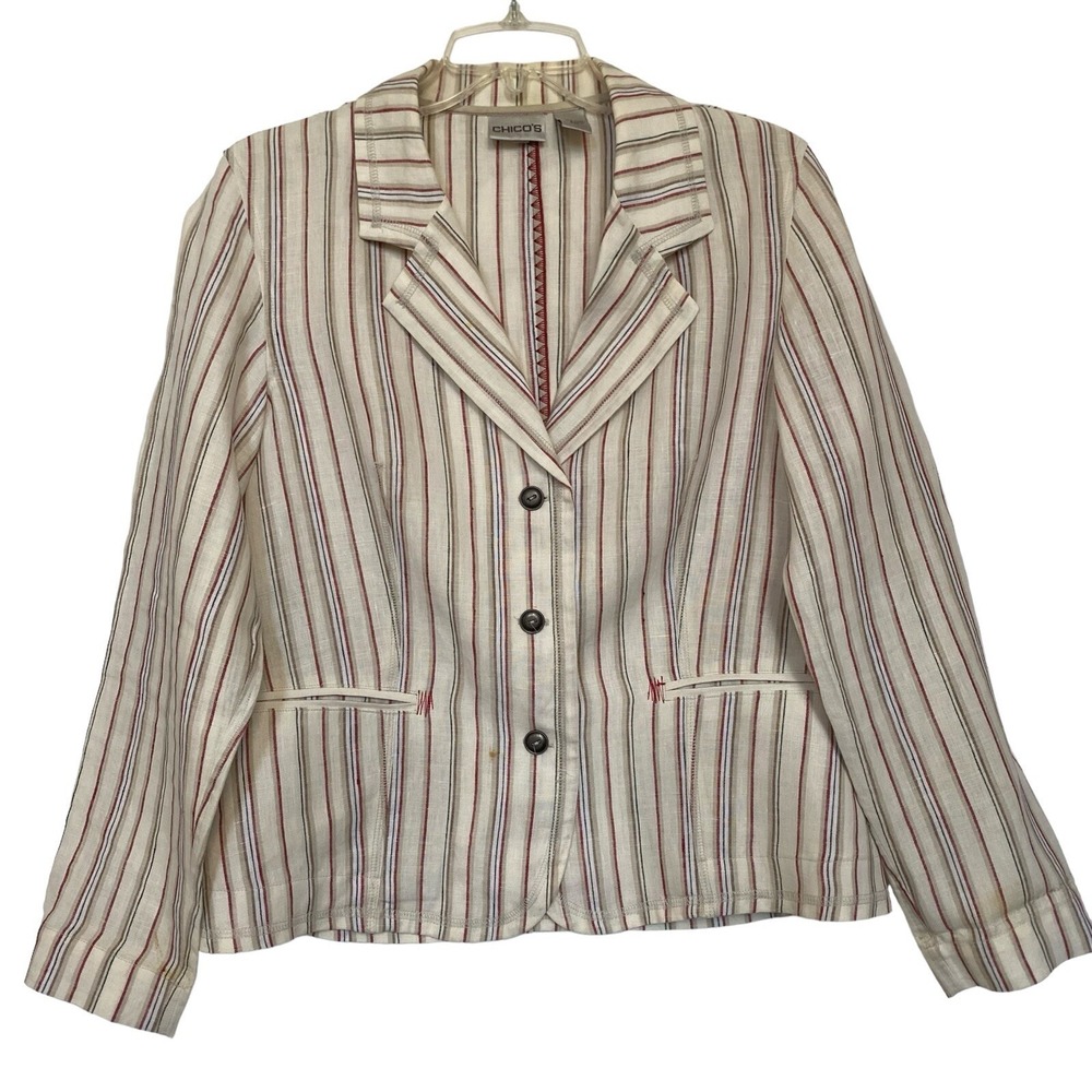 Chicos 100% Linen Blazer Size M Striped Cream Long Sleeve Relaxed Coastal Scandi - Picture 2 of 9